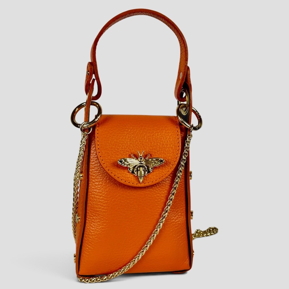 Borse in Pelle Orange Leather Bee Crossbody Phone Bag Made in Italy